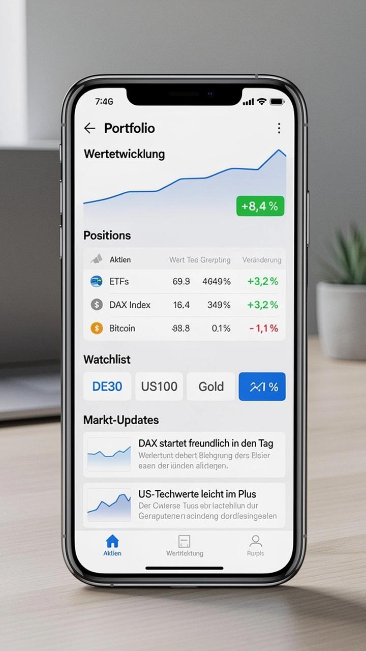 App-Screenshot: Portfolio-Übersicht mit Performance, Watchlist und Markt-Updates