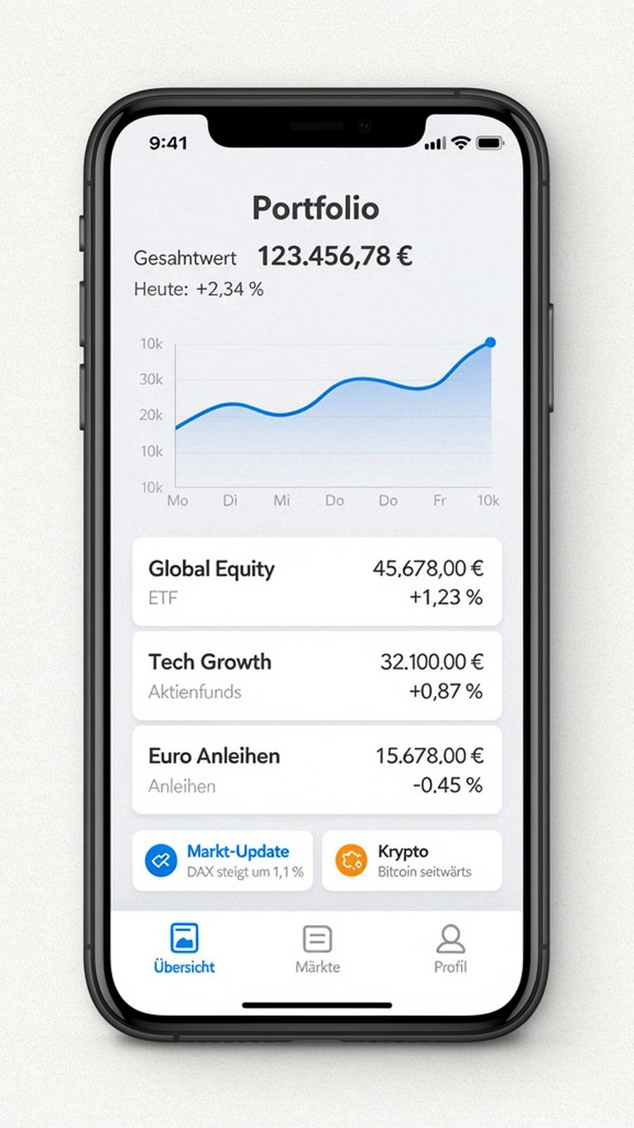 Smartphone-Mockup mit Portfolio-Übersicht und Markt-Update-Karten